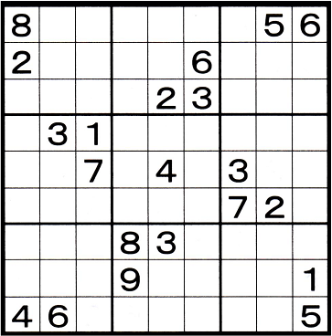 Sudoku grid with numbers partially filled in.  Box 2, 4, 6 and 8 each have a right angle pattern in them